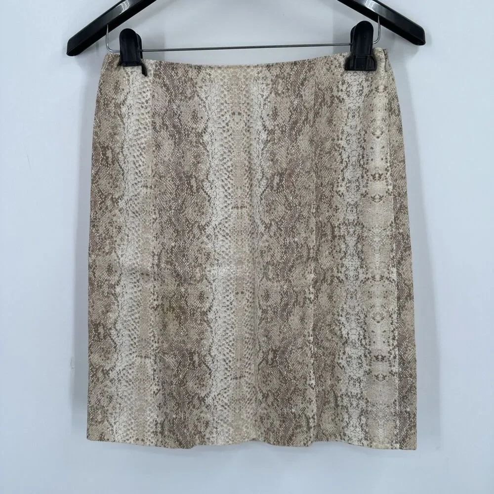 Worth Skirt 0 XS 100% Linen Neutral Animal Snake Print Tan Ivory A-Line Lined